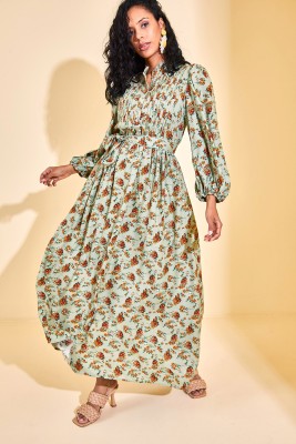 Su Yeşili Yaka Detaylı Çiçekli Maxi Elbise 3KXK6-46866-38 