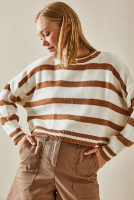 Taba Bisiklet Yaka Çizgili Crop Kazak 4KXK3-47589-30 - 2