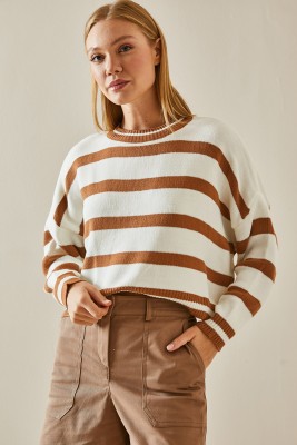 Taba Bisiklet Yaka Çizgili Crop Kazak 4KXK3-47589-30 - 3