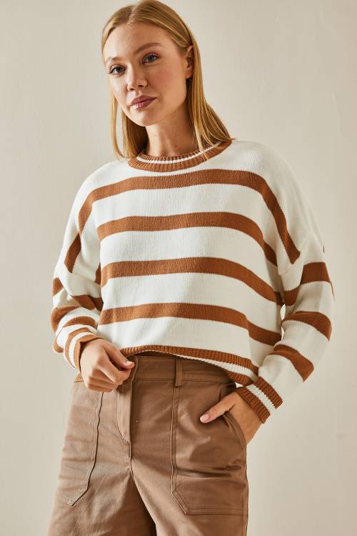 Taba Bisiklet Yaka Çizgili Crop Kazak 4KXK3-47589-30 - 3