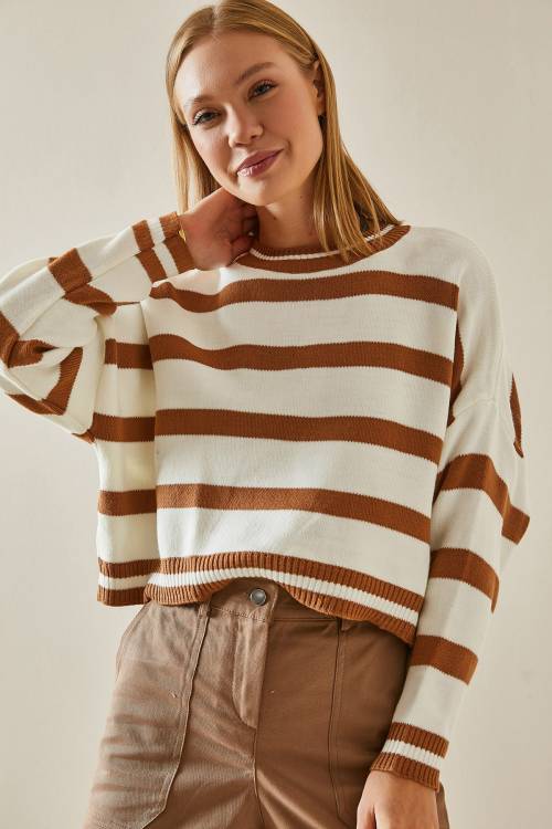 Taba Bisiklet Yaka Çizgili Crop Kazak 4KXK3-47589-30 - 4