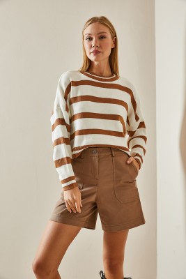 Taba Bisiklet Yaka Çizgili Crop Kazak 4KXK3-47589-30 - 6