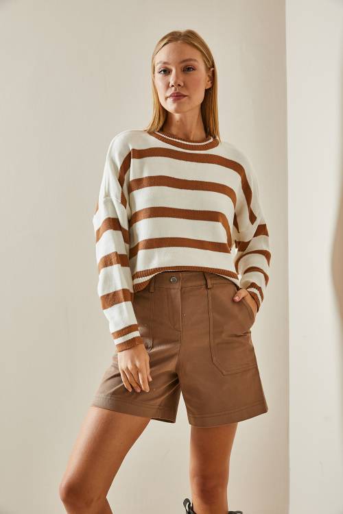 Taba Bisiklet Yaka Çizgili Crop Kazak 4KXK3-47589-30 - 6