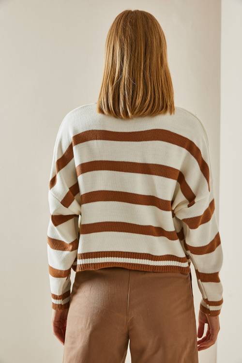 Taba Bisiklet Yaka Çizgili Crop Kazak 4KXK3-47589-30 - 7