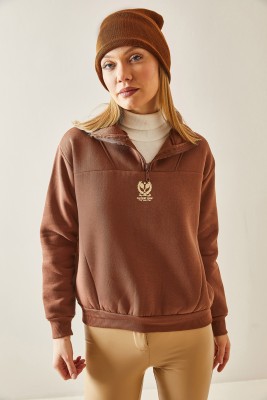 Taba Dik Yaka Fermuarlı & Şardonlu Sweatshirt 4KXK8-47859-30 - 2