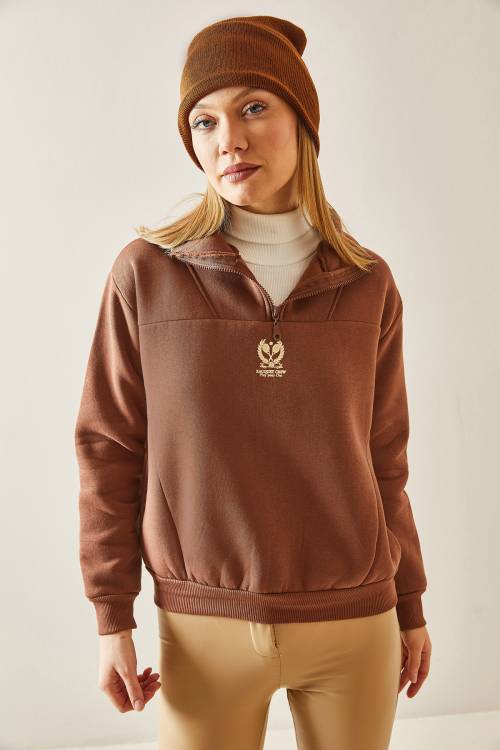Taba Dik Yaka Fermuarlı & Şardonlu Sweatshirt 4KXK8-47859-30 - 2