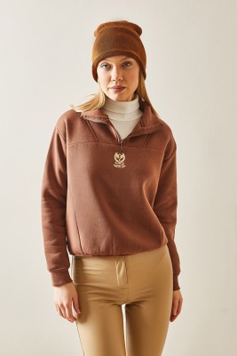 Taba Dik Yaka Fermuarlı & Şardonlu Sweatshirt 4KXK8-47859-30 - 3