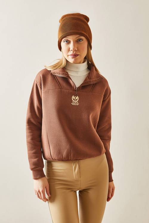 Taba Dik Yaka Fermuarlı & Şardonlu Sweatshirt 4KXK8-47859-30 - 3