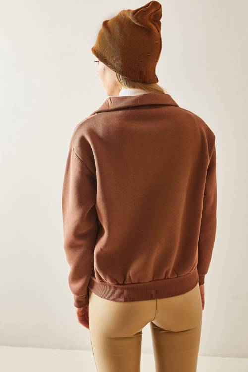 Taba Dik Yaka Fermuarlı & Şardonlu Sweatshirt 4KXK8-47859-30 - 4