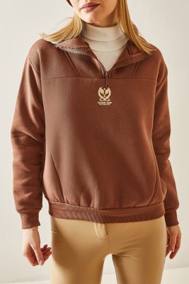 Taba Dik Yaka Fermuarlı & Şardonlu Sweatshirt 4KXK8-47859-30 - 1