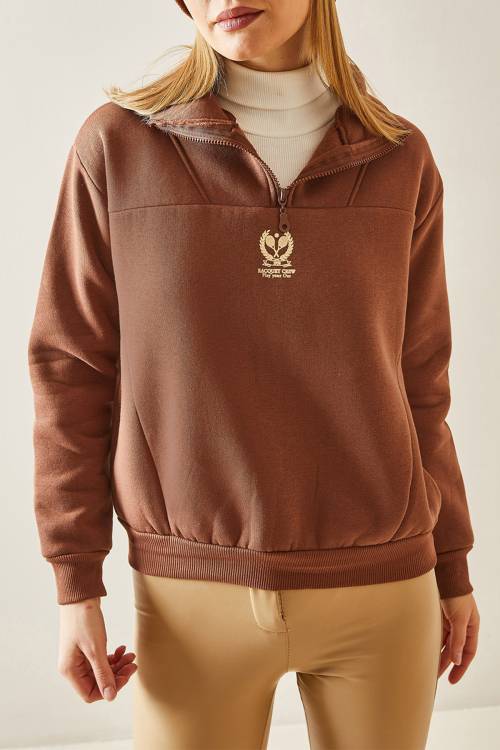 Taba Dik Yaka Fermuarlı & Şardonlu Sweatshirt 4KXK8-47859-30 - 1