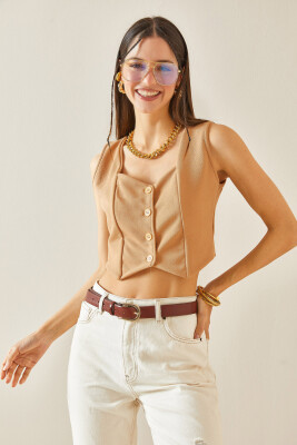 Taba Düğmeli Blazer Crop Yelek 5YXK4-48427-30 - 4