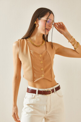 Taba Düğmeli Blazer Crop Yelek 5YXK4-48427-30 - 5