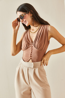 Taba Düğmeli & Drapeli Bluz 5YXK2-48573-30 - 4