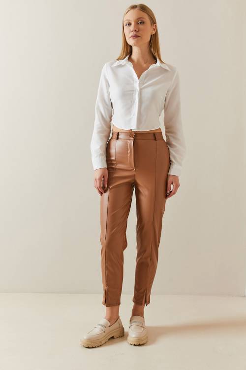 Taba Paçası Yırtmaçlı Deri Görünümlü Pantolon 4KXK5-47844-30 - 4