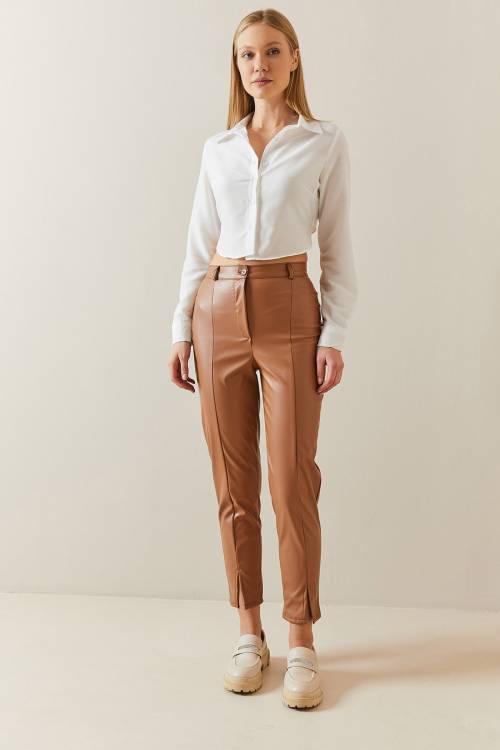 Taba Paçası Yırtmaçlı Deri Görünümlü Pantolon 4KXK5-47844-30 - 5