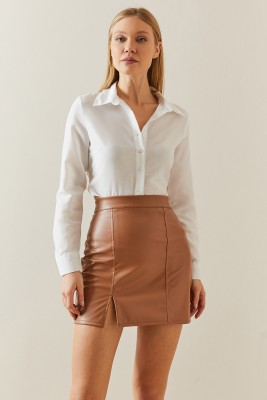 Taba Yüksek Bel Yırtmaçlı Deri Görünümlü Mini Etek 4KXK7-47849-30 - 5
