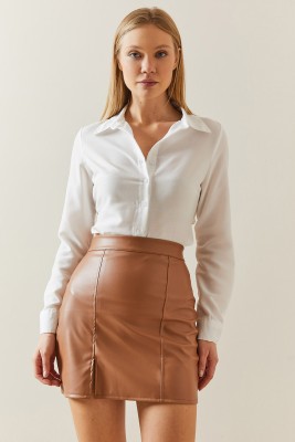 Taba Yüksek Bel Yırtmaçlı Deri Görünümlü Mini Etek 4KXK7-47849-30 - 6