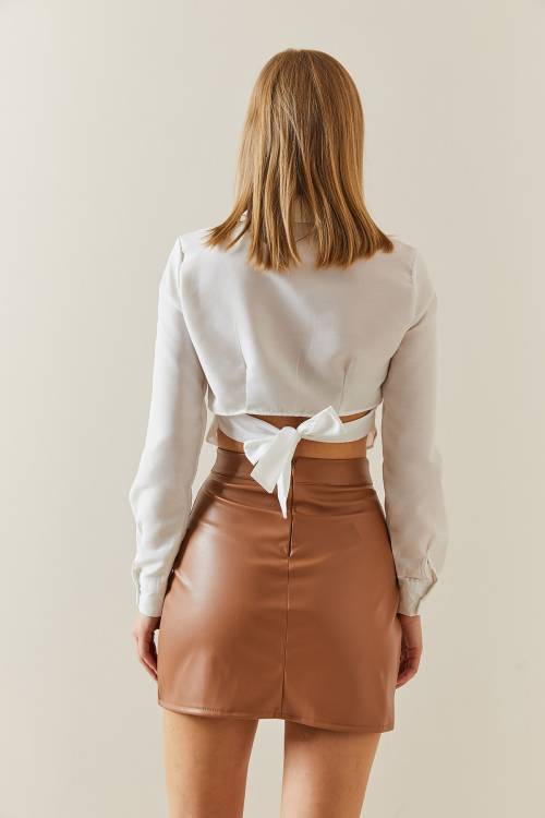 Taba Yüksek Bel Yırtmaçlı Deri Görünümlü Mini Etek 4KXK7-47849-30 - 7