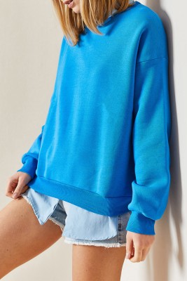 XHAN - Turkuaz Bisiklet Yaka Şardonlu Oversize Sweatshirt 4KXK8-47743-13