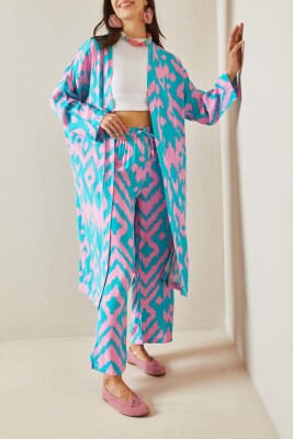Turkuaz Desenli Kimono Takım 5YXK8-48668-13 
