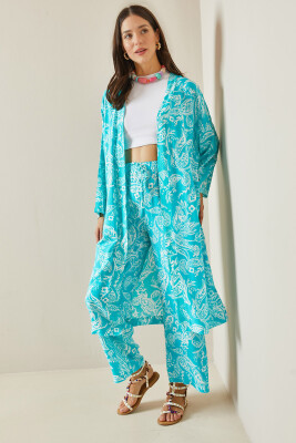 Turkuaz Desenli Kimono Takım 5YXK8-48669-13 - 2