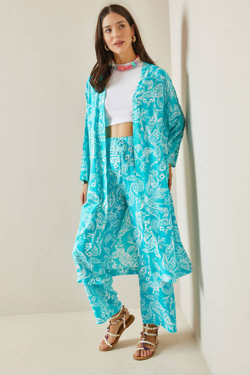 Turkuaz Desenli Kimono Takım 5YXK8-48669-13 - 2