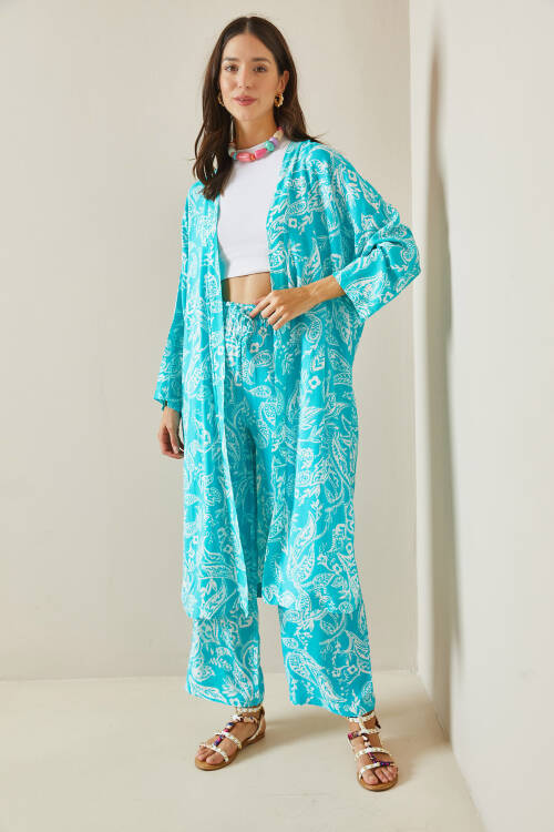 Turkuaz Desenli Kimono Takım 5YXK8-48669-13 - 3