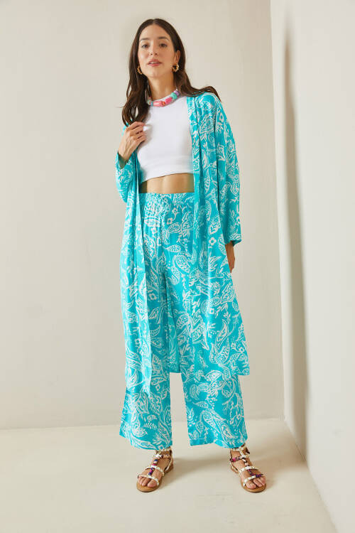 Turkuaz Desenli Kimono Takım 5YXK8-48669-13 - 5