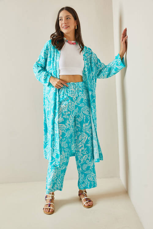 Turkuaz Desenli Kimono Takım 5YXK8-48669-13 - 7