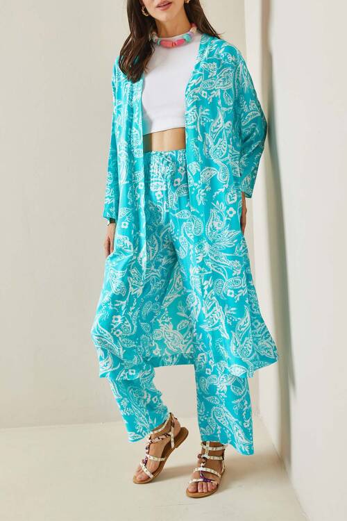 Turkuaz Desenli Kimono Takım 5YXK8-48669-13 - 1