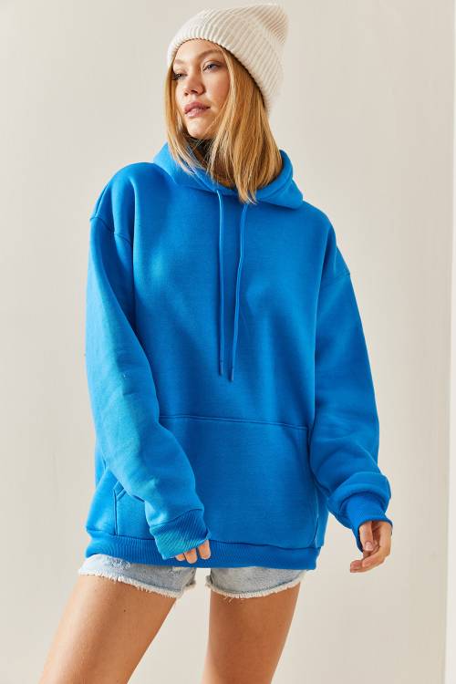 Turkuaz Oversize Şardonlu Kapüşonlü Sweatshirt 4KXK8-47742-13 - 2