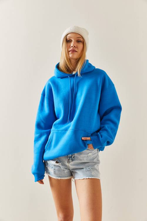 Turkuaz Oversize Şardonlu Kapüşonlü Sweatshirt 4KXK8-47742-13 - 4