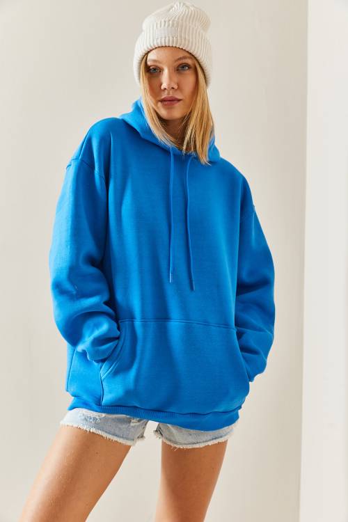 Turkuaz Oversize Şardonlu Kapüşonlü Sweatshirt 4KXK8-47742-13 - 5