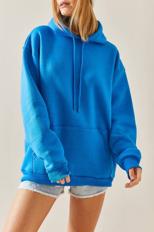 Turkuaz Oversize Şardonlu Kapüşonlü Sweatshirt 4KXK8-47742-13 - 1