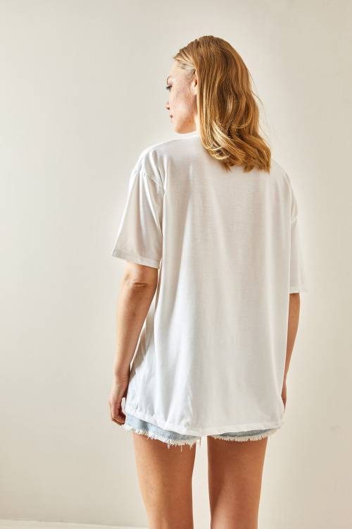 Turuncu Bisiklet Yaka Baskılı Oversize Tişört 4KXK1-47924-11 - 5