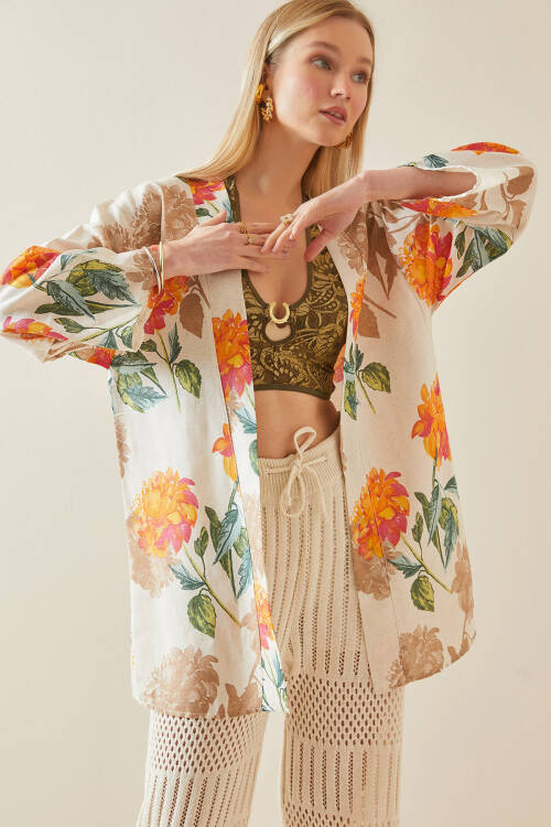 Turuncu Çiçek Desenli Oversize Kimono 5YXK4-48061-11 - 3