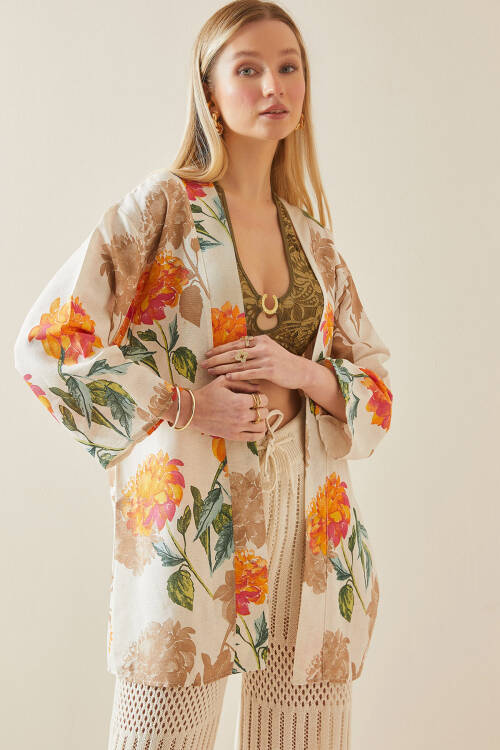 Turuncu Çiçek Desenli Oversize Kimono 5YXK4-48061-11 - 4