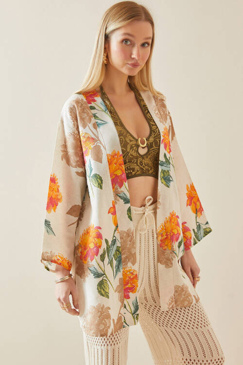 Turuncu Çiçek Desenli Oversize Kimono 5YXK4-48061-11 - 6