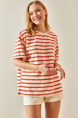 Turuncu Çizgili & Bisiklet Yaka Oversize Tişört 4KXK1-47928-11 - 2