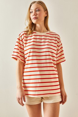 Turuncu Çizgili & Bisiklet Yaka Oversize Tişört 4KXK1-47928-11 - 3
