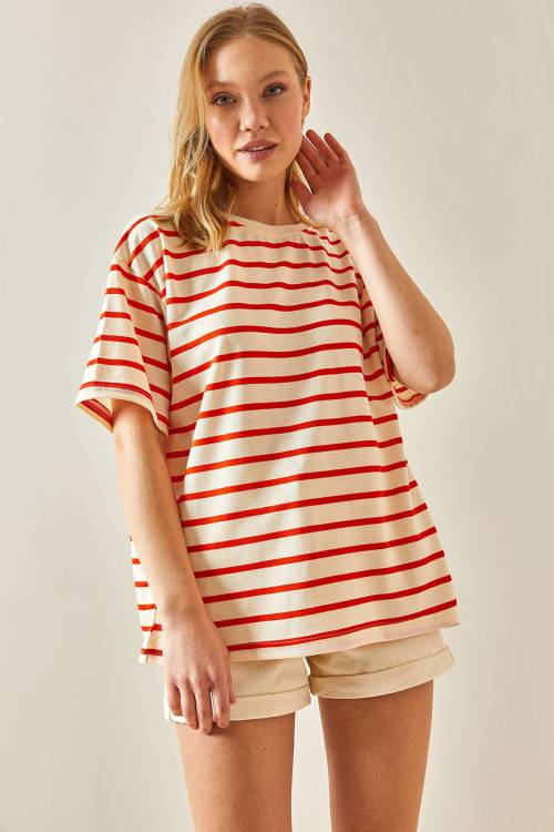 Turuncu Çizgili & Bisiklet Yaka Oversize Tişört 4KXK1-47928-11 - 4