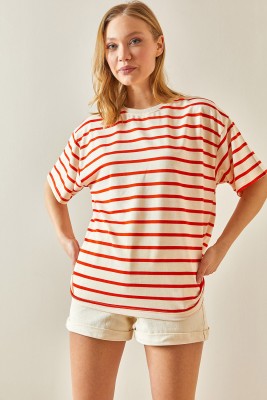 Turuncu Çizgili & Bisiklet Yaka Oversize Tişört 4KXK1-47928-11 - 5