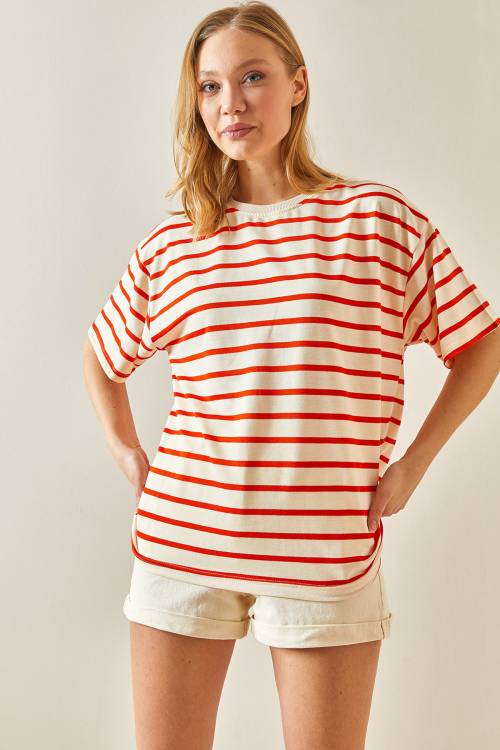 Turuncu Çizgili & Bisiklet Yaka Oversize Tişört 4KXK1-47928-11 - 5
