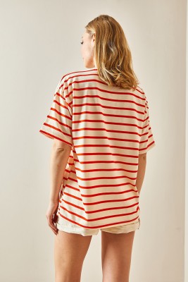 Turuncu Çizgili & Bisiklet Yaka Oversize Tişört 4KXK1-47928-11 - 6
