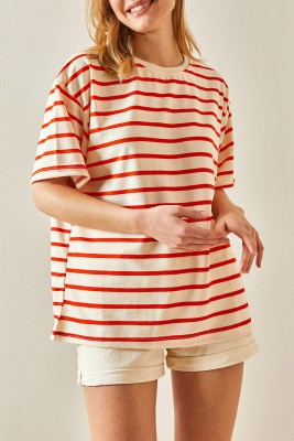 Turuncu Çizgili & Bisiklet Yaka Oversize Tişört 4KXK1-47928-11 - 1