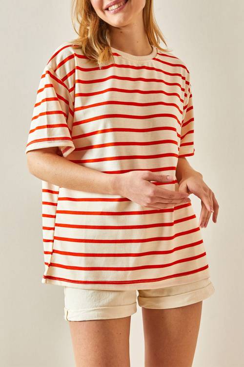 Turuncu Çizgili & Bisiklet Yaka Oversize Tişört 4KXK1-47928-11 - 1
