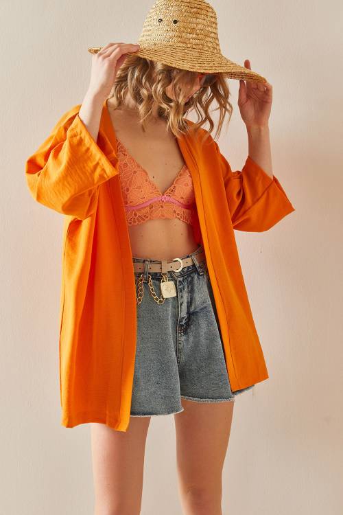Turuncu Oversize Dokulu Kimono 3YXK4-46988-11 - 3