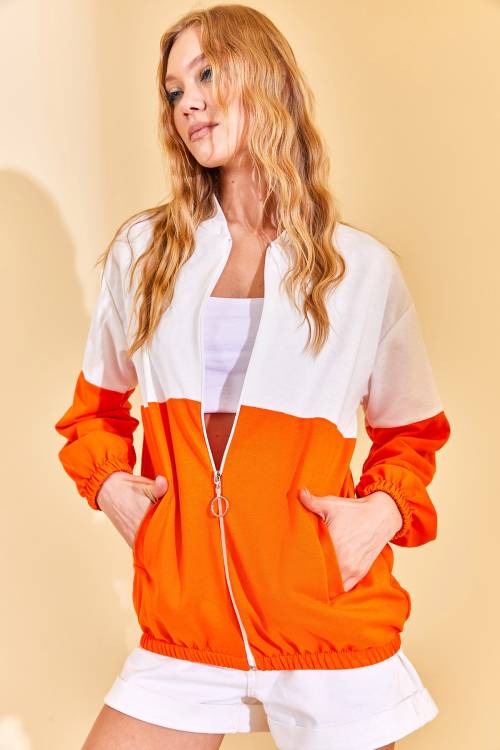 Turuncu Renk Geçişli Fermuarlı Sweat Hırka 3KXK8-46812-11 - 2