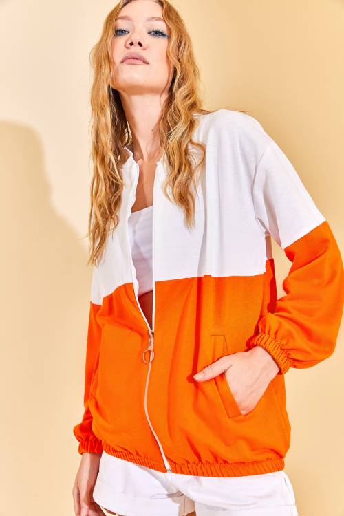 Turuncu Renk Geçişli Fermuarlı Sweat Hırka 3KXK8-46812-11 - 4